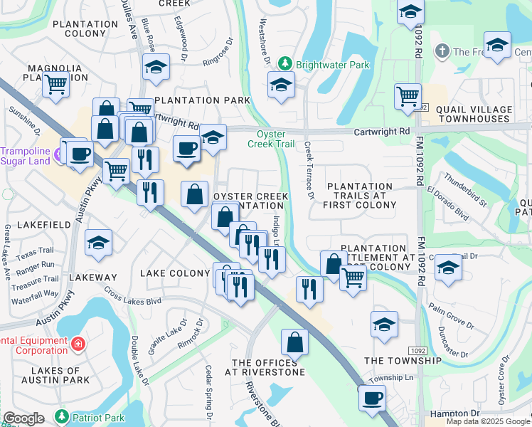 map of restaurants, bars, coffee shops, grocery stores, and more near Aspen Court in Missouri City