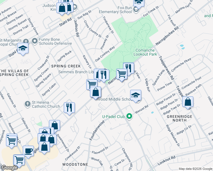map of restaurants, bars, coffee shops, grocery stores, and more near Nacogdoches Road & Judson Road in San Antonio