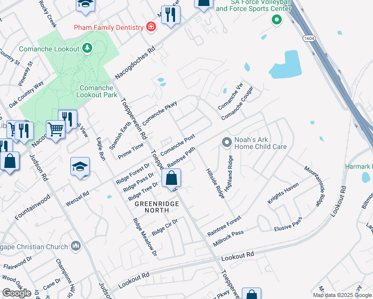 map of restaurants, bars, coffee shops, grocery stores, and more near 6759 Raintree Path in San Antonio