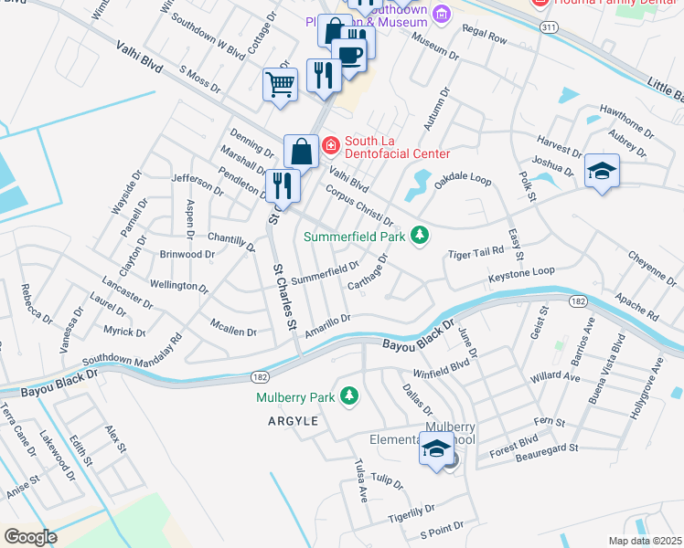 map of restaurants, bars, coffee shops, grocery stores, and more near 301 Midland Drive in Houma