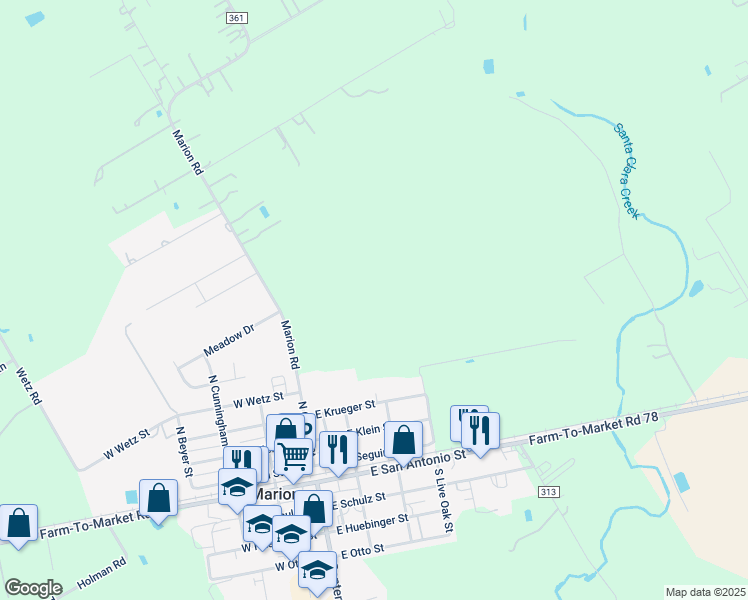 map of restaurants, bars, coffee shops, grocery stores, and more near 270 County Road 361 in Marion