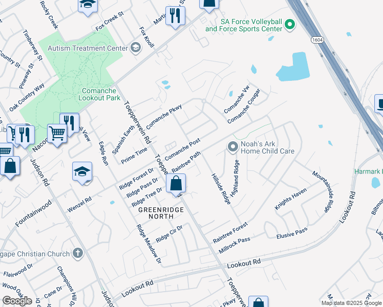 map of restaurants, bars, coffee shops, grocery stores, and more near 6759 Raintree Path in San Antonio