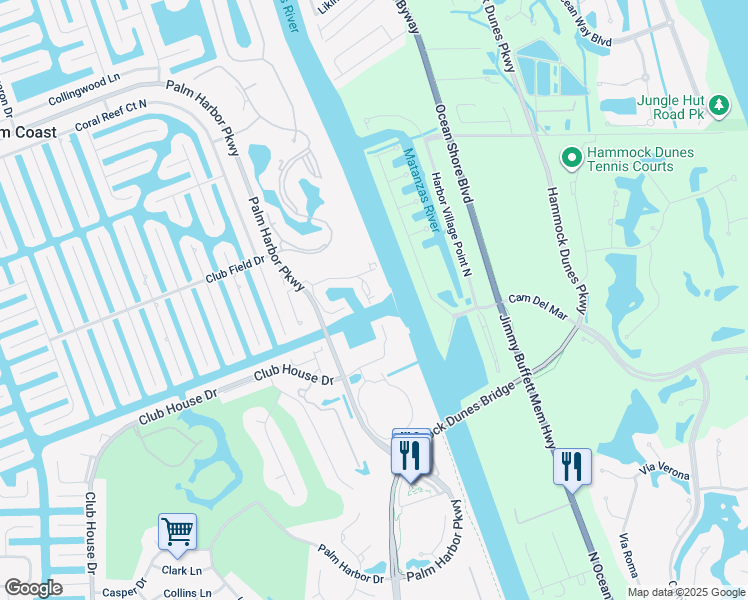 map of restaurants, bars, coffee shops, grocery stores, and more near 62 Rivers Edge Lane in Palm Coast
