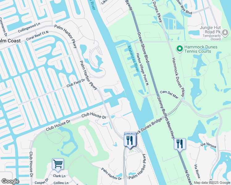 map of restaurants, bars, coffee shops, grocery stores, and more near 48 Rivers Edge Lane in Palm Coast