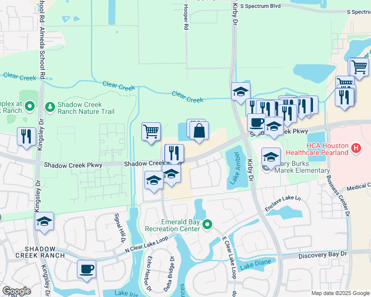 map of restaurants, bars, coffee shops, grocery stores, and more near 12001 Shadow Creek Parkway in Pearland
