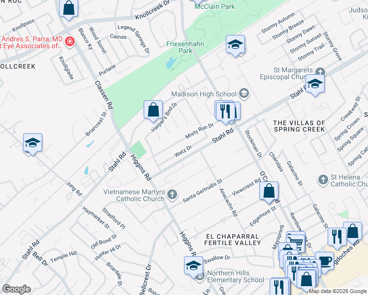 map of restaurants, bars, coffee shops, grocery stores, and more near 4650 Misty Run in San Antonio