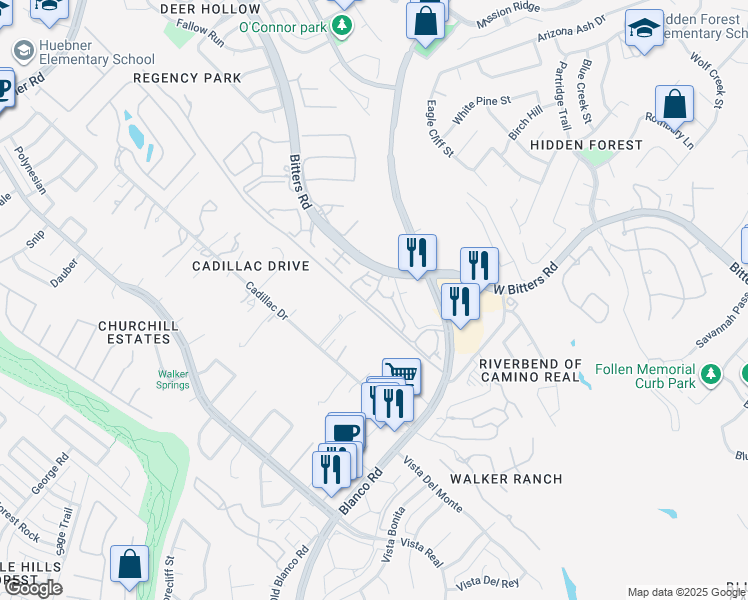 map of restaurants, bars, coffee shops, grocery stores, and more near 1410 West Bitters Road in San Antonio