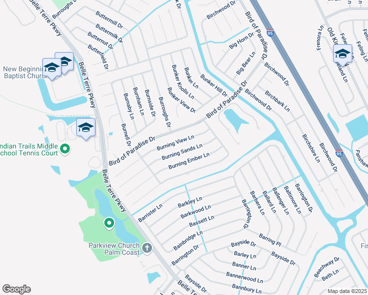 map of restaurants, bars, coffee shops, grocery stores, and more near 32 Burning View Lane in Palm Coast