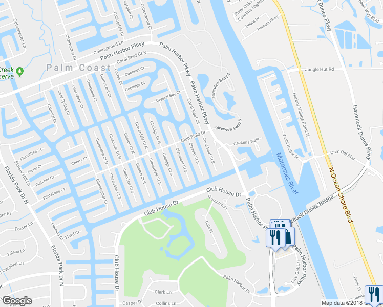 map of restaurants, bars, coffee shops, grocery stores, and more near 10 Classic Court South in Palm Coast