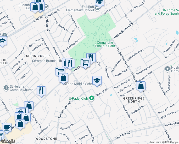 map of restaurants, bars, coffee shops, grocery stores, and more near 15150 Nacogdoches Road in San Antonio