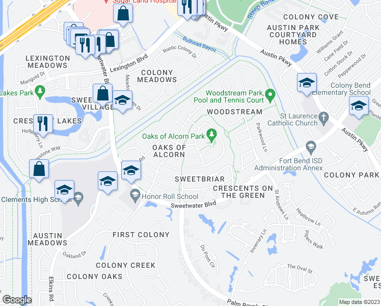 map of restaurants, bars, coffee shops, grocery stores, and more near 3803 Alcorn Hill Drive in Sugar Land