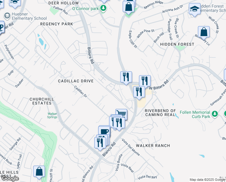 map of restaurants, bars, coffee shops, grocery stores, and more near 1410 West Bitters Road in San Antonio