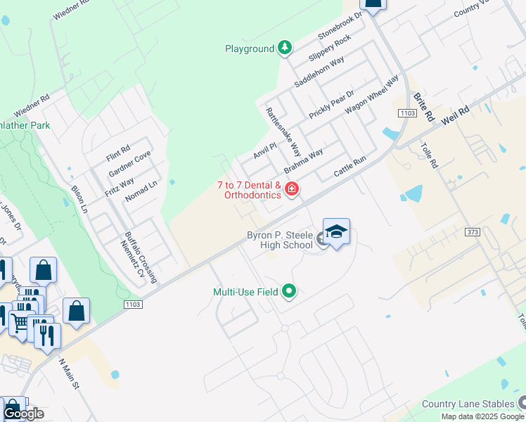 map of restaurants, bars, coffee shops, grocery stores, and more near 109 Corral Fence Line in Cibolo