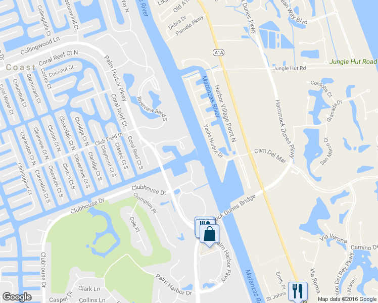 map of restaurants, bars, coffee shops, grocery stores, and more near 62 Rivers Edge Lane in Palm Coast