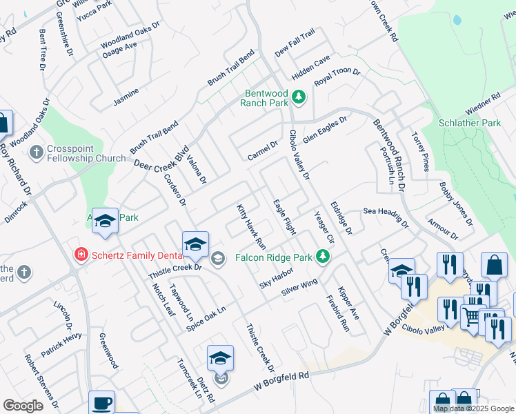 map of restaurants, bars, coffee shops, grocery stores, and more near 144 Phantom Creek in Cibolo