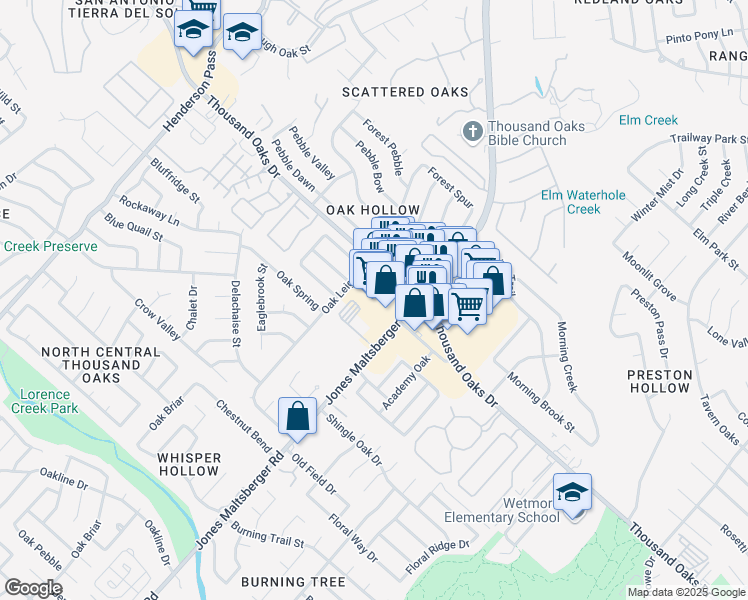 map of restaurants, bars, coffee shops, grocery stores, and more near 2828 Thousand Oaks Drive in San Antonio