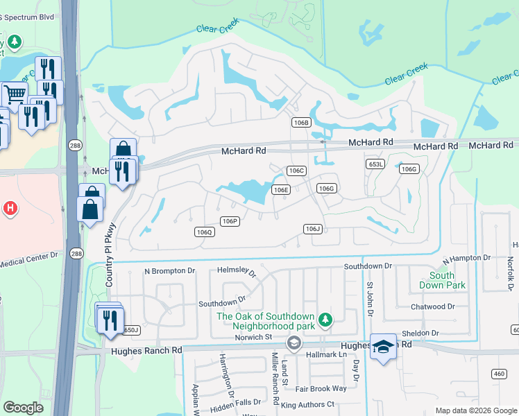 map of restaurants, bars, coffee shops, grocery stores, and more near 3011 North Peach Hollow Circle in Pearland
