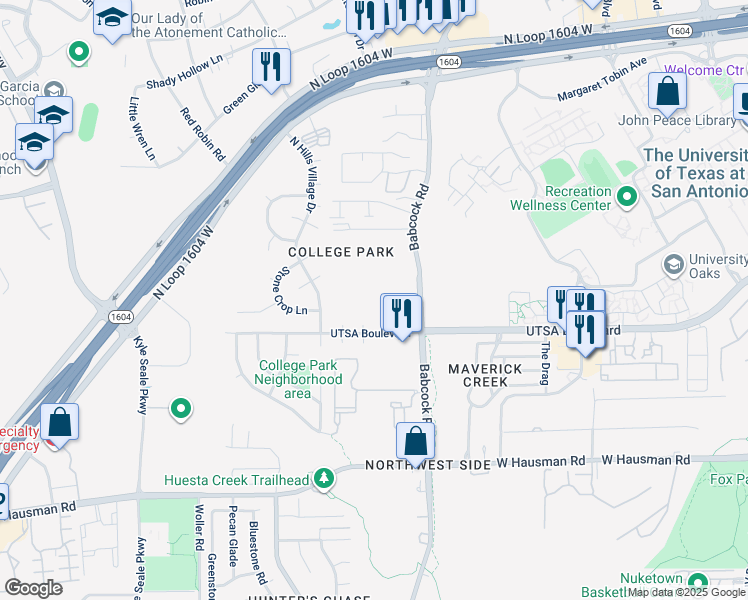 map of restaurants, bars, coffee shops, grocery stores, and more near 14215 Babcock Road in San Antonio