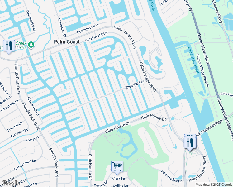 map of restaurants, bars, coffee shops, grocery stores, and more near 2 Claridge Court South in Palm Coast