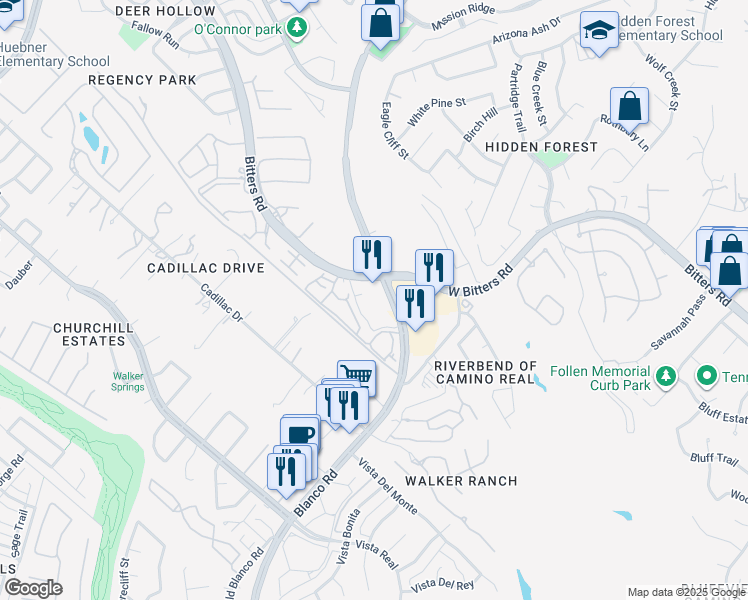 map of restaurants, bars, coffee shops, grocery stores, and more near 14855 Blanco Road in San Antonio