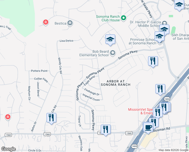 map of restaurants, bars, coffee shops, grocery stores, and more near 8911 Eagle Bend in Helotes