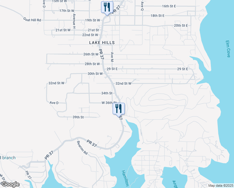 map of restaurants, bars, coffee shops, grocery stores, and more near 12064 Park Road 37 in Lakehills