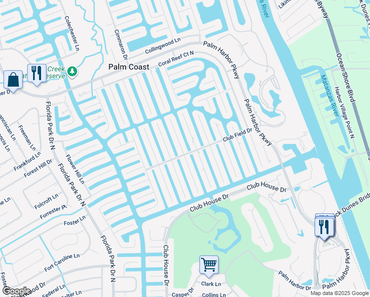 map of restaurants, bars, coffee shops, grocery stores, and more near 5 Cloverdale Court North in Palm Coast