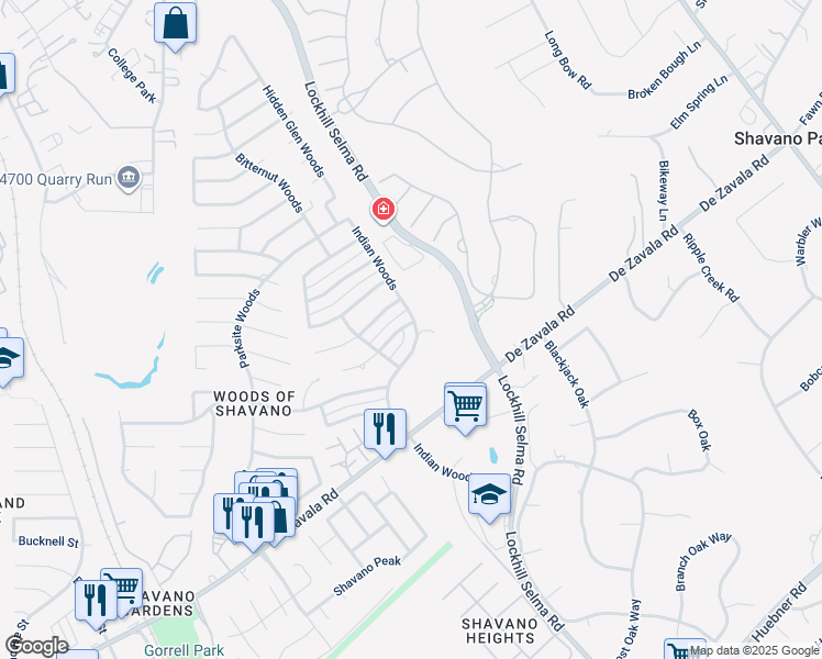 map of restaurants, bars, coffee shops, grocery stores, and more near 14325 Indian Woods in San Antonio