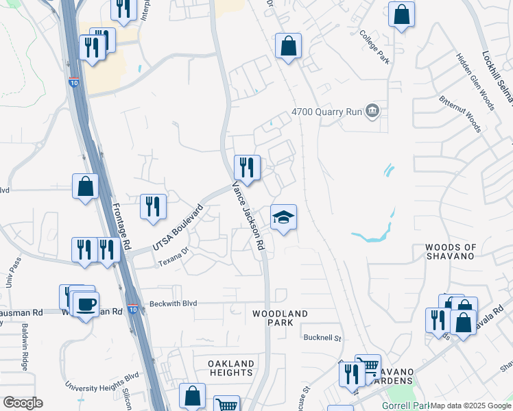 map of restaurants, bars, coffee shops, grocery stores, and more near 14200 Vance Jackson Road in San Antonio
