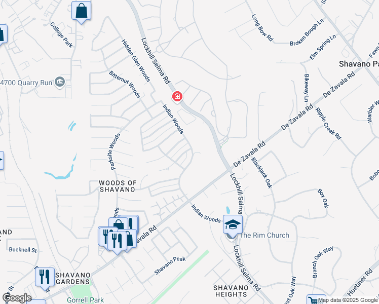 map of restaurants, bars, coffee shops, grocery stores, and more near 14325 Indian Woods in San Antonio