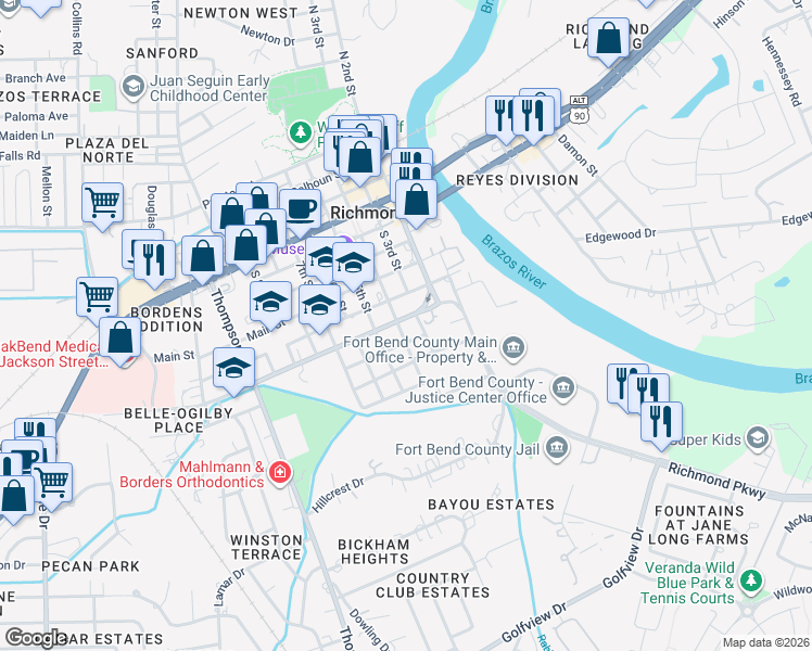 map of restaurants, bars, coffee shops, grocery stores, and more near 400 Austin Street in Richmond