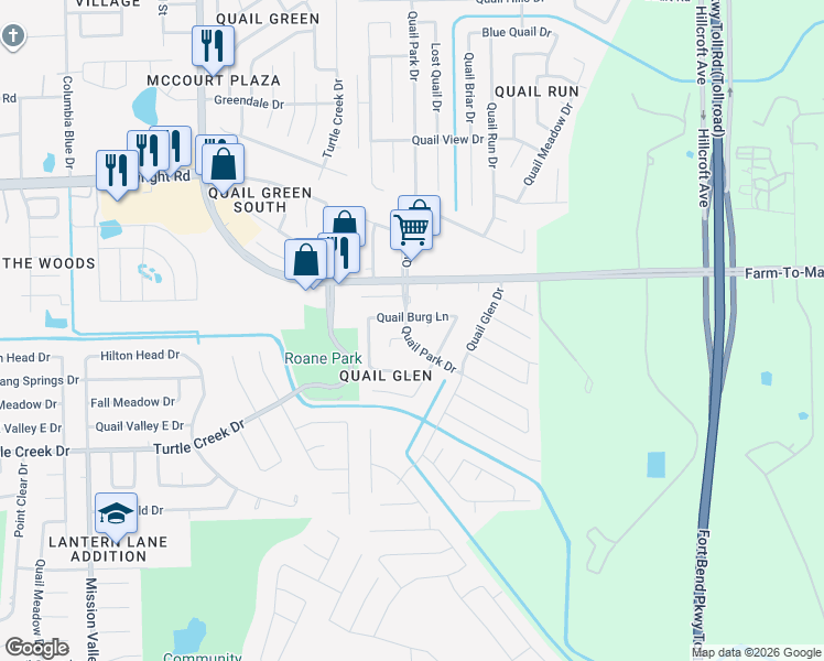 map of restaurants, bars, coffee shops, grocery stores, and more near 17007 Quail Park Drive in Missouri City