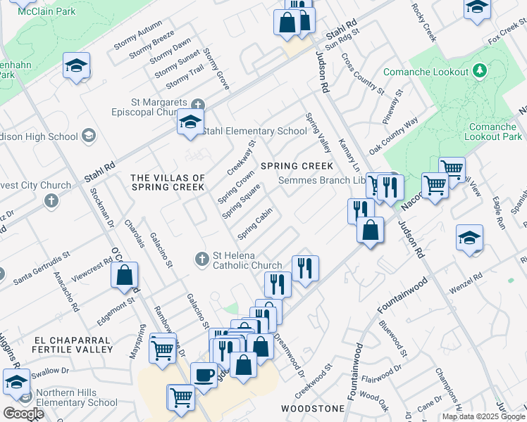 map of restaurants, bars, coffee shops, grocery stores, and more near 5871 Spring Cabin in San Antonio