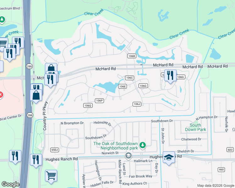 map of restaurants, bars, coffee shops, grocery stores, and more near 3011 North Peach Hollow Circle in Pearland