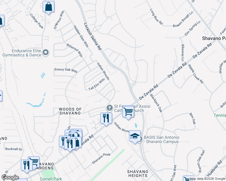 map of restaurants, bars, coffee shops, grocery stores, and more near 14325 Indian Woods in San Antonio