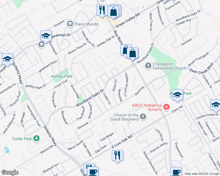 map of restaurants, bars, coffee shops, grocery stores, and more near 1041 Midwell in Schertz