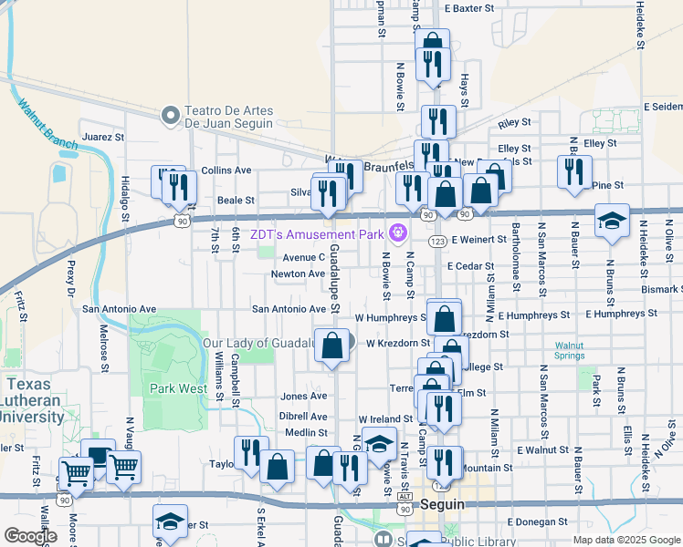 map of restaurants, bars, coffee shops, grocery stores, and more near 1027 North Guadalupe Street in Seguin