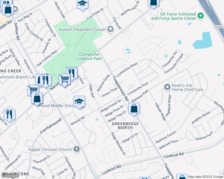 map of restaurants, bars, coffee shops, grocery stores, and more near 14910 Tropical Storm in San Antonio