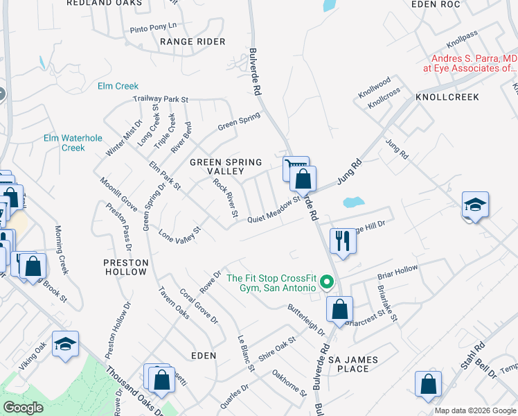 map of restaurants, bars, coffee shops, grocery stores, and more near 15006 Miss Ellie Drive in San Antonio
