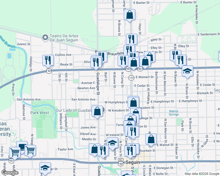 map of restaurants, bars, coffee shops, grocery stores, and more near 313 West Cedar Street in Seguin