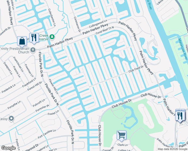 map of restaurants, bars, coffee shops, grocery stores, and more near 20 Clarendon Court North in Palm Coast