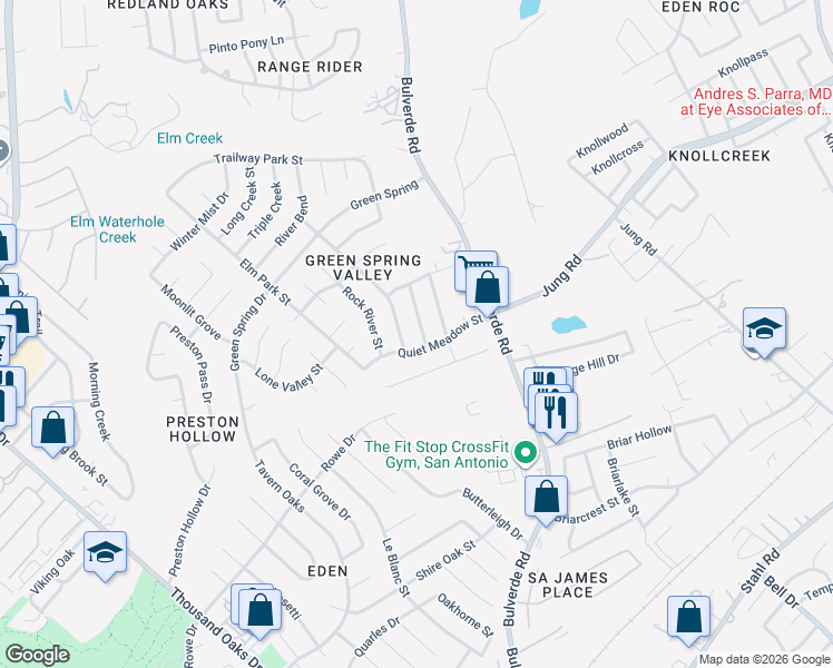 map of restaurants, bars, coffee shops, grocery stores, and more near 15006 Miss Ellie Drive in San Antonio
