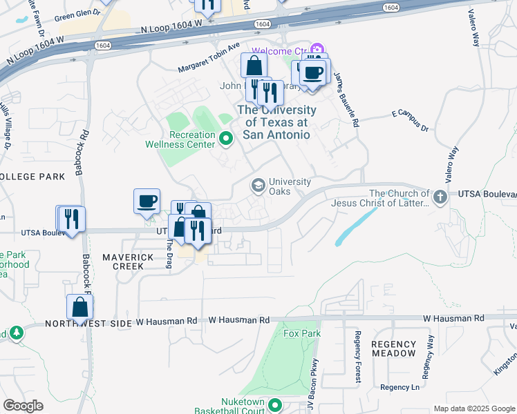 map of restaurants, bars, coffee shops, grocery stores, and more near 6685 UTSA Boulevard in San Antonio
