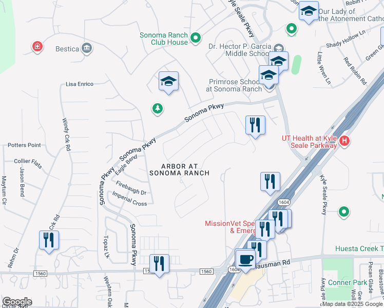 map of restaurants, bars, coffee shops, grocery stores, and more near 8710 Sonora Pass in Helotes