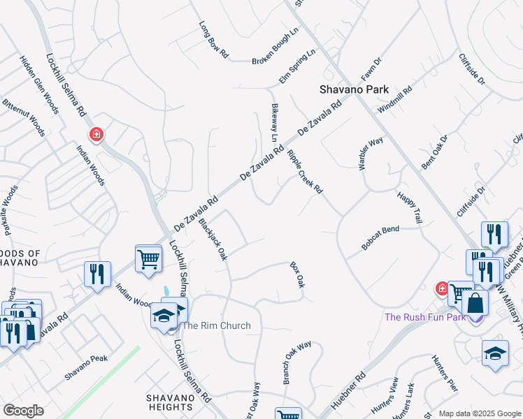 map of restaurants, bars, coffee shops, grocery stores, and more near 108 Painted Post Lane in Shavano Park