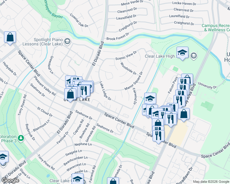 map of restaurants, bars, coffee shops, grocery stores, and more near 15822 Manor Square Drive in Houston