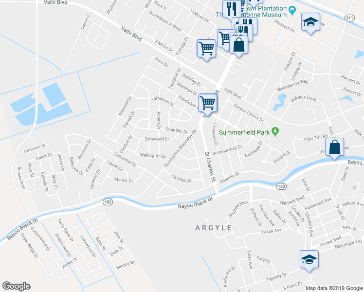 map of restaurants, bars, coffee shops, grocery stores, and more near 3107 Southdown Mandalay Road in Houma