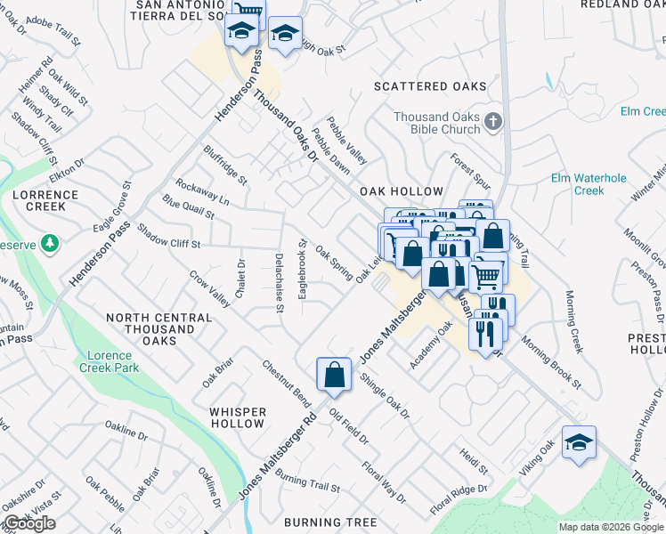 map of restaurants, bars, coffee shops, grocery stores, and more near 15214 Oak Spring in San Antonio