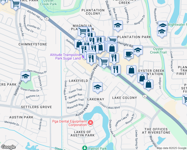 map of restaurants, bars, coffee shops, grocery stores, and more near 4703 Autumn Lakes in Missouri City