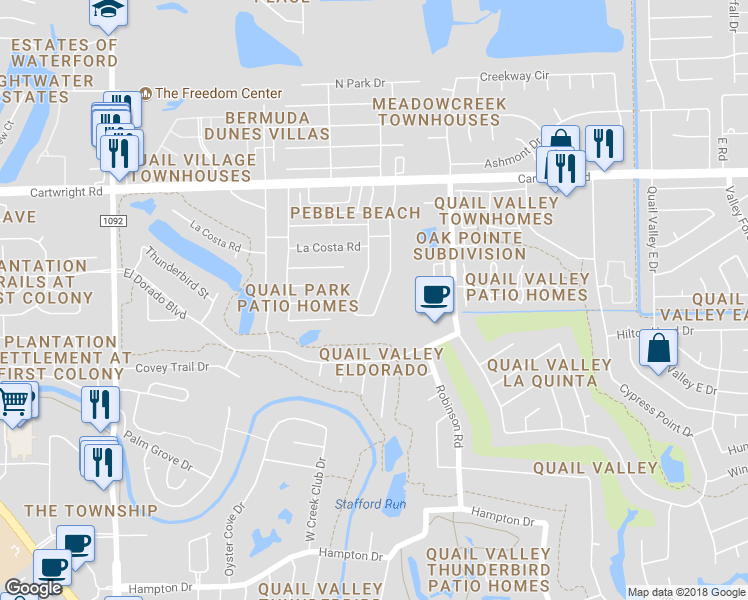 map of restaurants, bars, coffee shops, grocery stores, and more near 2822 East Pebble Beach Drive in Missouri City
